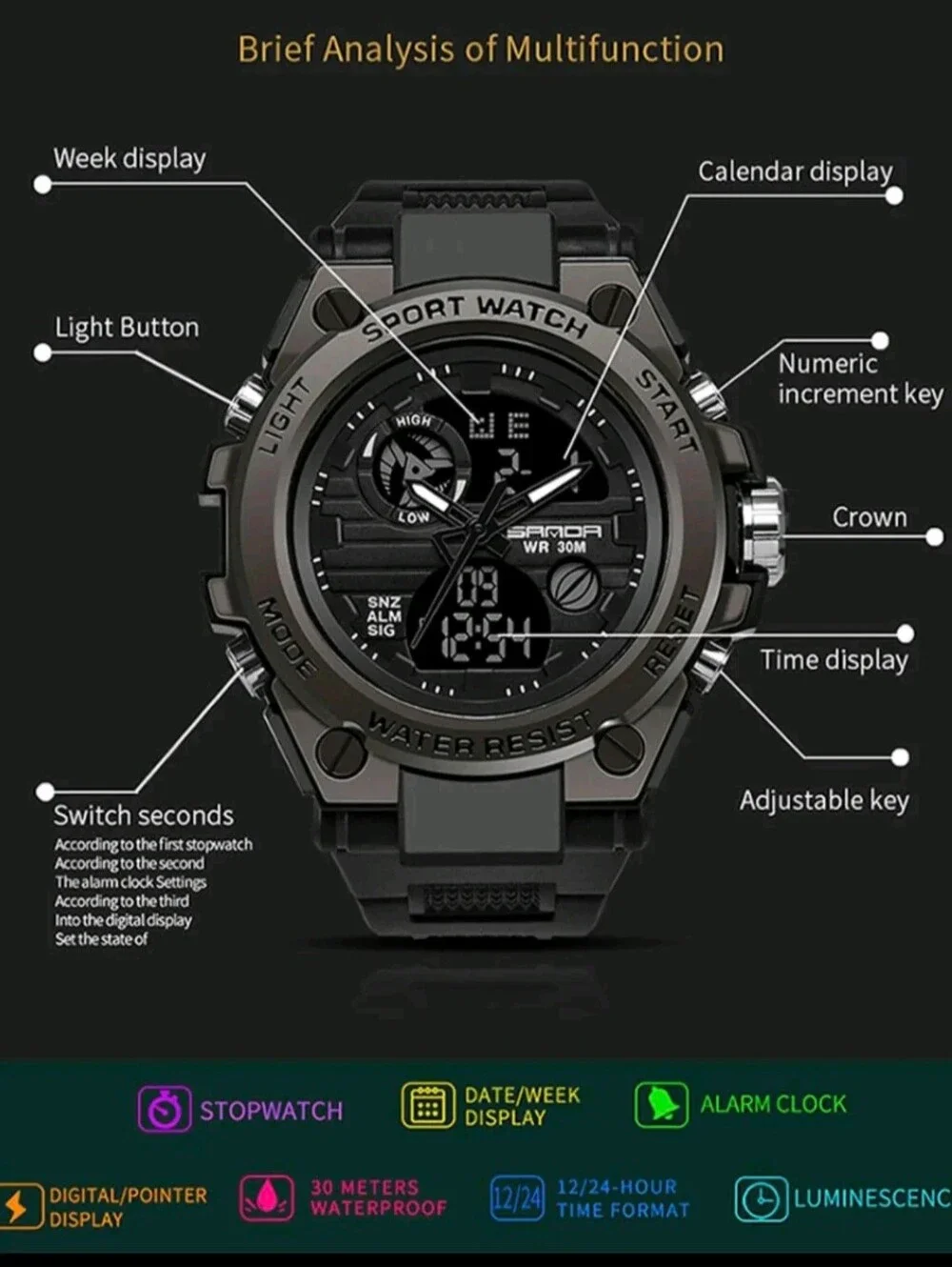 Men's Digital Sports Watch, LED Display,Shockproof, Military, Waterproof